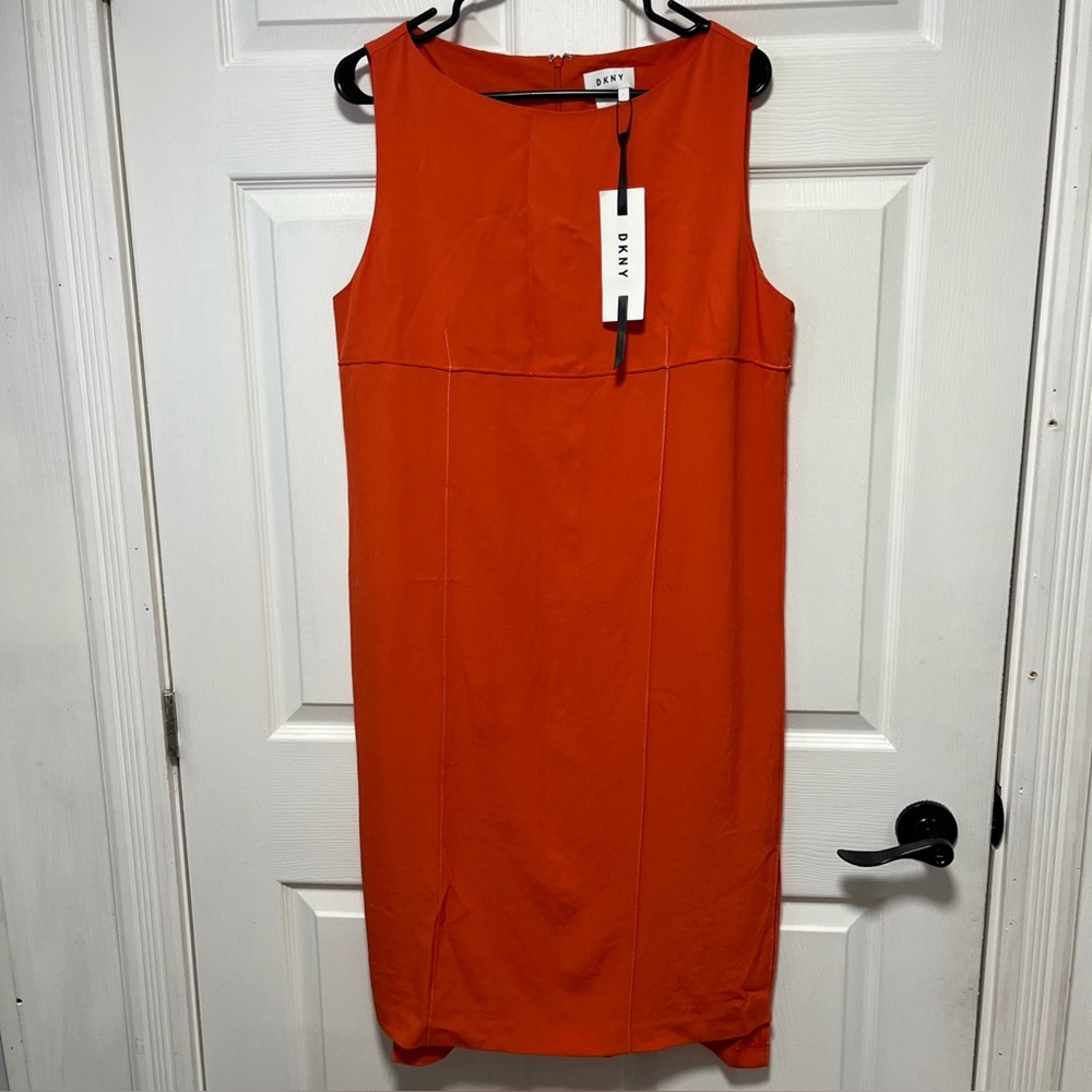 NWT DKNY Orange Tonal Stitching Empire Waist Midi Shift Dress L $298 USD